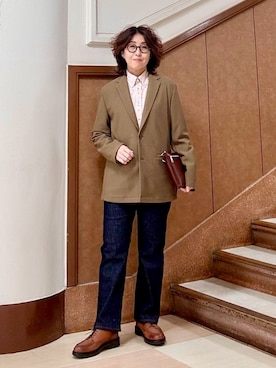 「TAKEO KIKUCHI（タケオキクチ）のハットモチーフ ジャカード ストライプ シャツ（シャツ/ブラウス、オレンジ系）」を使った、のぐみさん（メンズ・155cm）の冬コーディネート