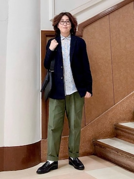「TAKEO KIKUCHI（タケオキクチ）のハットモチーフ ジャカード ストライプ シャツ（シャツ/ブラウス、ブルー系）」を使った、のぐみさん（メンズ・155cm）の春コーディネート
