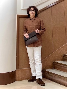 「TAKEO KIKUCHI（タケオキクチ）のボーラーハット柄 長袖シャツ（シャツ/ブラウス、ブラウン系）」を使った、のぐみさん（メンズ・155cm）の秋コーディネート