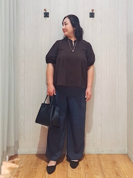 「SHOO・LA・RUE（シューラルー）の【洗濯後しわになりにくい/S-LL/インせず着られる】麻調5分袖ペプラムブラウス（シャツ/ブラウス、ブラウン系）」を使った、kotomiさん（レディース・160cm）の春コーディネート