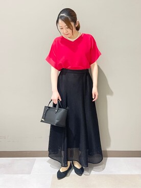 「UNTITLED（アンタイトル）の【古畑星夏さん着用/11色展開/体型カバー】前後2WAYフレンチスリーブニット（ニット/セーター、ピンク系）」を使った、Tomoさん（レディース・153cm）の春コーディネート