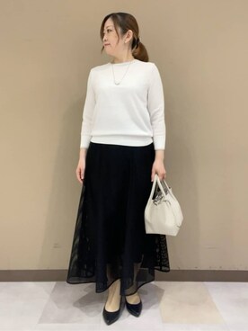 「UNTITLED（アンタイトル）の【アンサンブル可/洗える】配色ハイゲージニットトップス（ニット/セーター、グレー系）」を使った、Tomoさん（レディース・153cm）の春コーディネート