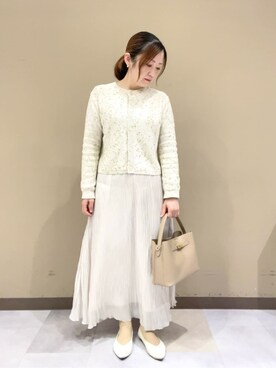 「UNTITLED（アンタイトル）の【洗える/すっきり丈】ラメノット ニットカーディガン（カーディガン/ボレロ、ベージュ系）」を使った、Tomoさん（レディース・153cm）の春コーディネート