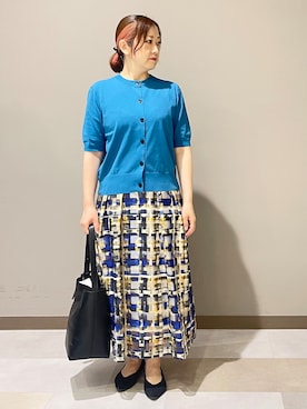 「UNTITLED（アンタイトル）の【すっきり秋羽織り/前開きボタン】ドライタッチ5分袖カーディガン（カーディガン/ボレロ、ブルー系）」を使った、Tomoさん（レディース・153cm）の夏コーディネート