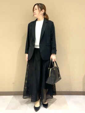 「UNTITLED（アンタイトル）の【UV/接触冷感/スーツ】ジャージテーラードジャケット（テーラードジャケット、ブラック系）」を使った、Tomoさん（レディース・153cm）の春コーディネート