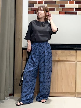 「THE SHOP TK （ザ ショップ ティーケー ）の【M-XL/二の腕カバー】さらり麻調メッシュ5分袖ブラウス（シャツ/ブラウス、ブラック系）」を使った、かのさん（レディース・147cm）の夏コーディネート