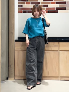 「THE SHOP TK （ザ ショップ ティーケー ）の【M-XL/二の腕カバー】さらり麻調メッシュ5分袖ブラウス（シャツ/ブラウス、ブルー系）」を使った、かのさん（レディース・147cm）の夏コーディネート