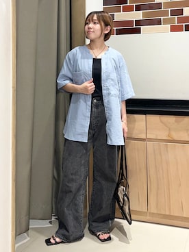 「THE SHOP TK （ザ ショップ ティーケー ）の【M-XL/さりげなく二の腕カバー】5分袖Wポケットシャツ（シャツ/ブラウス、ブルー系）」を使った、かのさん（レディース・147cm）の夏コーディネート