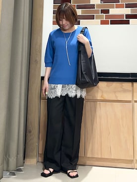 「THE SHOP TK （ザ ショップ ティーケー ）の【S-XL/ひんやりタッチ】美しさ際立つ 6分袖ニット 洗濯機OK/UVケア/毛玉になりにくい（ニット/セーター、ブルー系）」を使った、かのさん（レディース・147cm）の春コーディネート