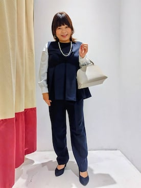 「grove（グローブ）の【マシンウォッシュ/防シワ】袖ドッキングペプラムブラウス【着回しカセット】（シャツ/ブラウス、ブルー系）」を使った、satsukiさん（レディース・154cm）の冬コーディネート