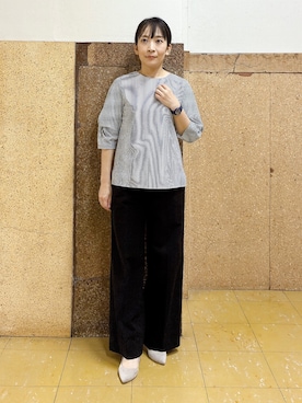 「INDIVI（インディヴィ）の【撥水／UVケア】ねじり袖サッカートップス（Tシャツ/カットソー、ブルー系）」を使った、hattoriさん（レディース・152cm）の夏コーディネート