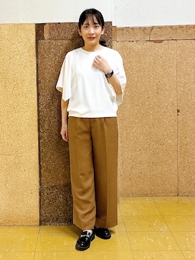 「INDIVI（インディヴィ）の【洗える／シアーチェック柄】異素材コンビスリーブトップス（Tシャツ/カットソー、ホワイト系）」を使った、hattoriさん（レディース・152cm）の夏コーディネート