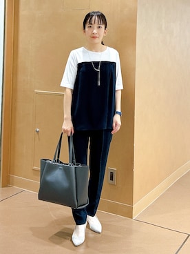 「UNTITLED SPORT（アンタイトルスポーツ）のボートネックボーダーカットソー（Tシャツ/カットソー、ベージュ系）」を使った、hattoriさん（レディース・152cm）の春コーディネート