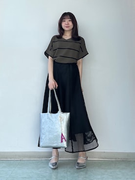 「UNTITLED（アンタイトル）の【古畑星夏さん着用/11色展開/体型カバー】前後2WAYフレンチスリーブニット（ニット/セーター、グリーン系）」を使った、KAHOさん（レディース・149cm）の春コーディネート