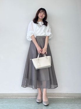 「UNTITLED（アンタイトル）の【洗える/袖シアー】ポンチ袖ボリュームトップス（Tシャツ/カットソー、ホワイト系）」を使った、KAHOさん（レディース・149cm）の春コーディネート