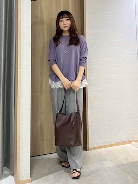 「UNTITLED（アンタイトル）のレースドッキングニットプルオーバー（ニット/セーター、パープル系）」を使った、KAHOさん（レディース・149cm）の夏コーディネート