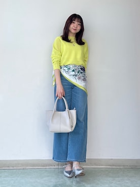 「UNTITLED（アンタイトル）の【古畑星夏さん着用/8色展開/程よい透け感】ドライタッチボートネックニット（ニット/セーター、イエロー系）」を使った、KAHOさん（レディース・149cm）の春コーディネート