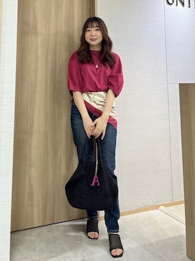 「UNTITLED（アンタイトル）の【汗染み防止/接触冷感】ランタンスリーブプルオーバー（Tシャツ/カットソー、ピンク系）」を使った、KAHOさん（レディース・149cm）の夏コーディネート