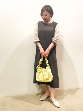 「DRESKIP（ドレスキップ）の1枚で上品に決まる お袖レース切り替え7分袖ワンピース（ワンピース、グレー系）」を使った、Ricoさん（レディース・155cm）の春コーディネート