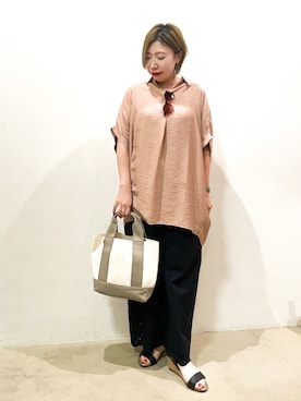 「SHOO・LA・RUE（シューラルー）の【ひんやり】すっきりきれいに体型カバー コクーンシルエットワンピース（チュニック、オレンジ系）」を使った、Ricoさん（レディース・155cm）の夏コーディネート
