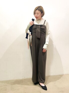「DRESKIP（ドレスキップ）の【S-LL】テレコ袖配色切り替えトップス（Tシャツ/カットソー、ベージュ系）」を使った、Ricoさん（レディース・155cm）の春コーディネート