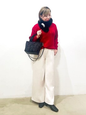 「SHOO・LA・RUE（シューラルー）の【洗濯機可／毛玉レス】シンプルケーブル柄ニット（ニット/セーター、レッド系）」を使った、Ricoさん（レディース・155cm）の冬コーディネート