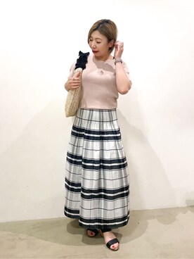 「DRESKIP（ドレスキップ）の【S-LL】大人上品な お袖シアー切り替えニット（ニット/セーター、ピンク系）」を使った、Ricoさん（レディース・155cm）の夏コーディネート