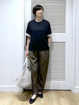 「Dessin（デッサン）の【汗シミ防止/UVカット】配色スリーブ 五分袖プルオーバー（Tシャツ/カットソー、ブラック系）」を使った、Miyazakiさん（レディース・159cm）の夏コーディネート