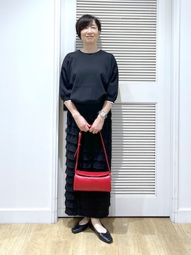 「Dessin（デッサン）の【UVカット/マシンウォッシャブル】6分袖配色ニット（ニット/セーター、ブラック系）」を使った、Miyazakiさん（レディース・159cm）の夏コーディネート