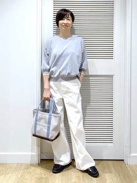 「Dessin（デッサン）の【UVカット/マシンウォッシャブル】6分袖配色ニット（ニット/セーター、グレー系）」を使った、Miyazakiさん（レディース・159cm）の秋コーディネート