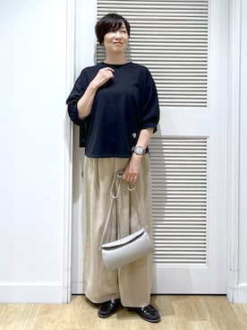 「Dessin（デッサン）のバックヘンリーカットソー5分袖（Tシャツ/カットソー、ブラック系）」を使った、Miyazakiさん（レディース・159cm）の夏コーディネート