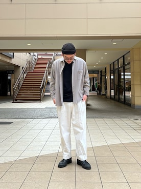 「NOLLEY'S LIGHT（ノーリーズライト）のサッカーニット　レギュラーカラーシャツブルゾン（シャツ/ブラウス、ベージュ系）」を使った、たかざわさん（メンズ・177cm）の春コーディネート