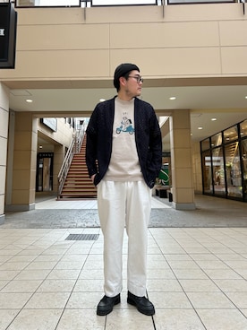 「NOLLEY'S LIGHT（ノーリーズライト）のシアージャガード　ボタンレスカーディガン（カーディガン/ボレロ、ブルー系）」を使った、たかざわさん（メンズ・177cm）の春コーディネート
