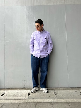「NOLLEY'S LIGHT（ノーリーズライト）の【sunglaDOG】 オックスBDシャツ（シャツ/ブラウス、パープル系）」を使った、たかざわさん（メンズ・177cm）の春コーディネート