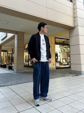 「NOLLEY'S LIGHT（ノーリーズライト）のジオ柄ジャガード リブブルゾン（ブルゾン、ブラック系）」を使った、たかざわさん（メンズ・177cm）の春コーディネート