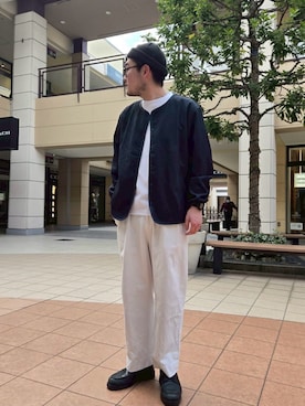 「NOLLEY'S LIGHT（ノーリーズライト）のシャーリングカーディガン（ブルゾン、ブルー系）」を使った、たかざわさん（メンズ・177cm）の春コーディネート