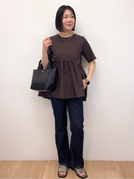 「OPAQUE.CLIP（オペークドットクリップ）の◆ペプラムドッキングカットソー【洗濯機洗い可】（Tシャツ/カットソー）」を使った、Takeさん（レディース・162cm）の春コーディネート