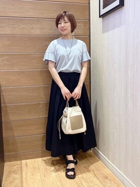 「DRESKIP（ドレスキップ）の【ひんやり/プチプラ】女性らしさ溢れる お袖シアーフリルトップス（Tシャツ/カットソー、ブルー系）」を使った、きょんさん（レディース・163cm）の夏コーディネート