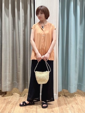 「DRESKIP（ドレスキップ）の【S-LL/洗濯後しわになりにくい】上品にきれい見え スラブギャザーブラウス（シャツ/ブラウス、オレンジ系）」を使った、きょんさん（レディース・163cm）の夏コーディネート