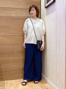 「DRESKIP（ドレスキップ）の【洗える/S-LL】洗濯後しわになりにくい 5分袖スキッパーブラウス（シャツ/ブラウス、ホワイト系）」を使った、きょんさん（レディース・163cm）の春コーディネート