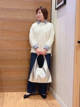 「SHOO・LA・RUE（シューラルー）の【洗える/S-LL】選べる3柄 グラフィックスウェット（Tシャツ/カットソー、ホワイト系）」を使った、きょんさん（レディース・163cm）の春コーディネート