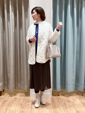 「DRESKIP（ドレスキップ）の【S-LL/撥水】さっと羽織れる 大人が着たい キルトジャケット（ブルゾン、ホワイト系）」を使った、きょんさん（レディース・163cm）の冬コーディネート