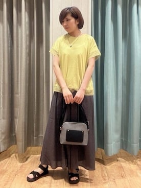 「DRESKIP（ドレスキップ）の【S-LL/ひんやり】インせず決まる 楽してきれいなレース付きトップス（Tシャツ/カットソー、イエロー系）」を使った、きょんさん（レディース・163cm）の夏コーディネート