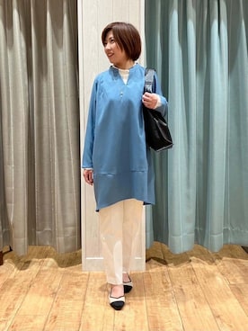 「SHOO・LA・RUE（シューラルー）の【体型カバー/洗える】なめらかなタッチが心地よい チュニックワンピース（チュニック、ブルー系）」を使った、きょんさん（レディース・163cm）の冬コーディネート