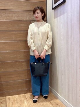 「DRESKIP（ドレスキップ）の【洗える】洗濯後しわになにりくい お袖タックブラウス（シャツ/ブラウス、イエロー系）」を使った、きょんさん（レディース・163cm）の春コーディネート