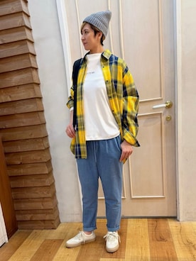 「SHOO・LA・RUE（シューラルー）の【洗濯機可/S-LL】程よい抜け感 大人のチェックシャツ（シャツ/ブラウス、イエロー系）」を使った、きょんさん（レディース・163cm）の秋コーディネート