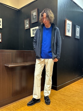 「TAKEO KIKUCHI（タケオキクチ）の【JUST ONE LAYER】ダウンファブリック ジップアップ フード ブルゾン（ブルゾン、ブルー系）」を使った、おーのさん（メンズ・176cm）の秋コーディネート