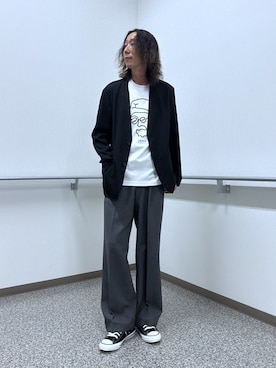 「TAKEO KIKUCHI（タケオキクチ）の【ON／OFF兼用】CARREMANファブリック ノーカラージャケット（ノーカラージャケット、ブラック系）」を使った、おーのさん（メンズ・176cm）の夏コーディネート