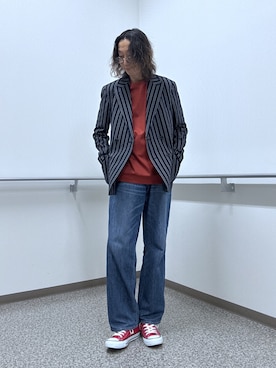 「TAKEO KIKUCHI（タケオキクチ）の【BOWLER HAT LABEL】サッカーストライプ ダブルジャケット（テーラードジャケット、ブルー系）」を使った、おーのさん（メンズ・176cm）の夏コーディネート