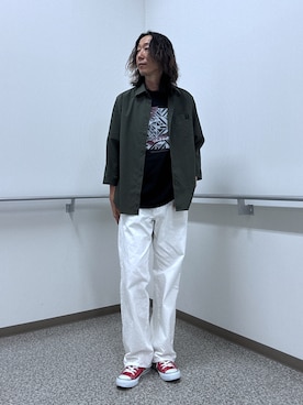 「TAKEO KIKUCHI（タケオキクチ）の【日本製】JFP DotAir（R）サッカー7分袖シャツ（シャツ/ブラウス、グリーン系）」を使った、おーのさん（メンズ・176cm）の夏コーディネート